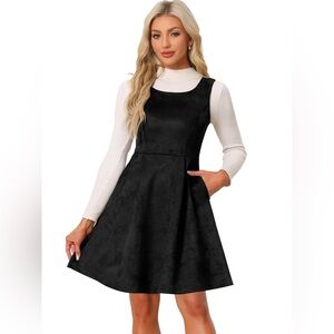 NWT Allegra K Women’s Black Faux Suede Sleeveless Pinafore Dress - Small